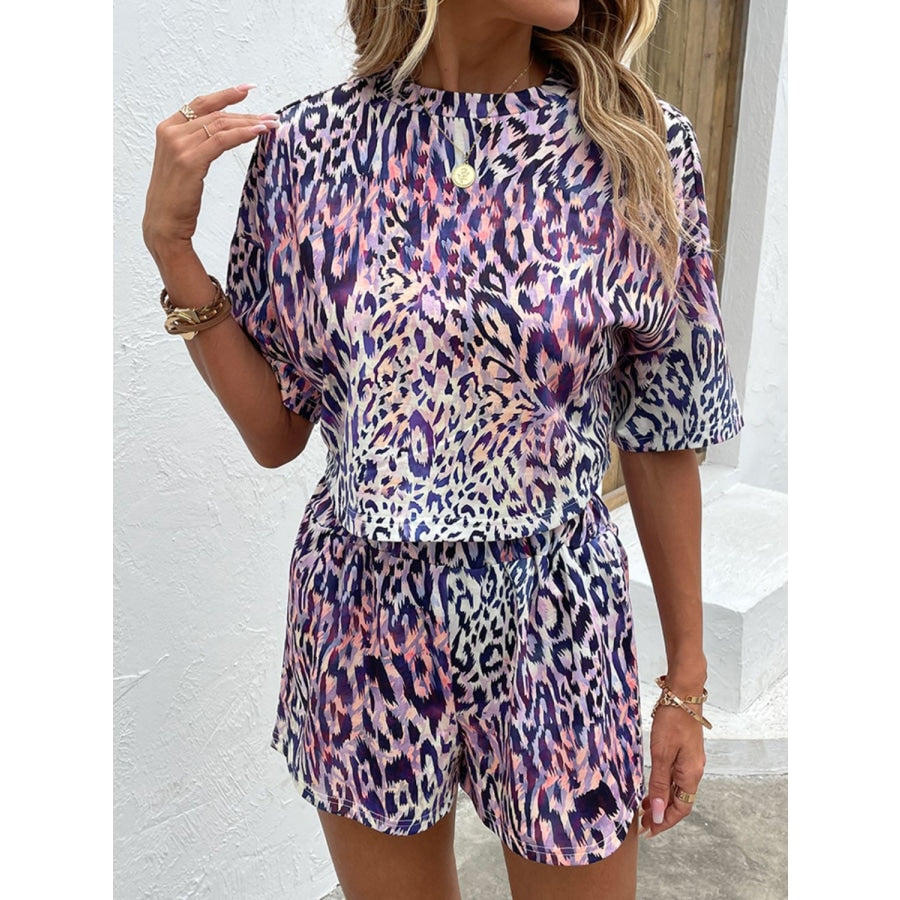 Printed Round Neck Dropped Shoulder Half Sleeve Top and Shorts Set