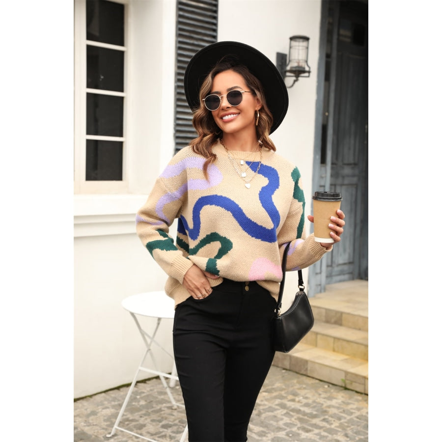 Printed Round Neck Dropped Shoulder Pullover Sweater