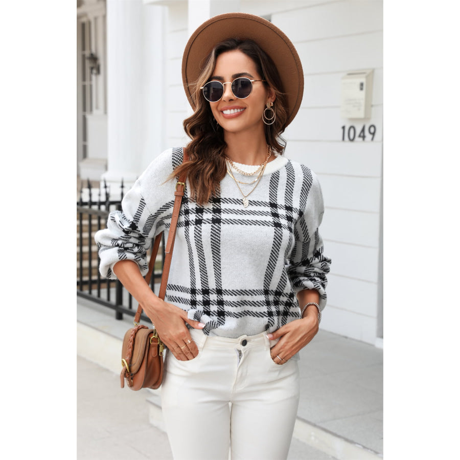 Printed Round Neck Dropped Shoulder Sweater Light Gray / S