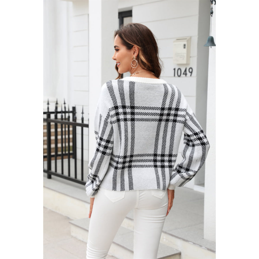 Printed Round Neck Dropped Shoulder Sweater Light Gray / S