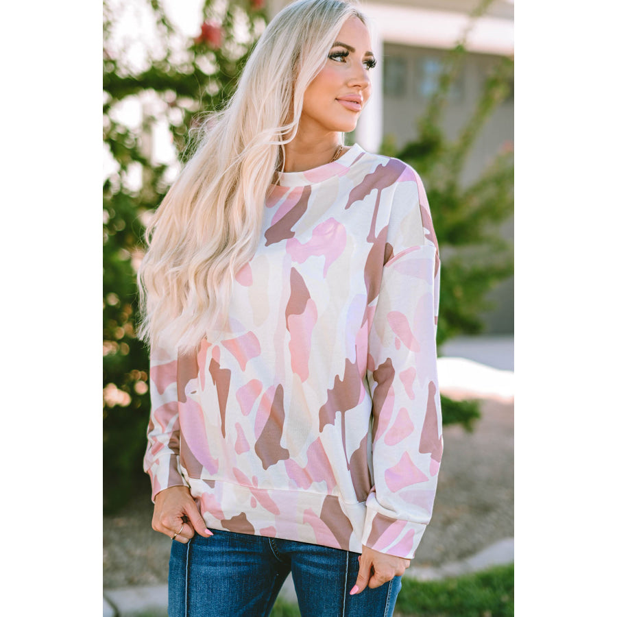 Printed Round Neck Dropped Shoulder Sweatshirt Blush Pink / S Apparel and Accessories
