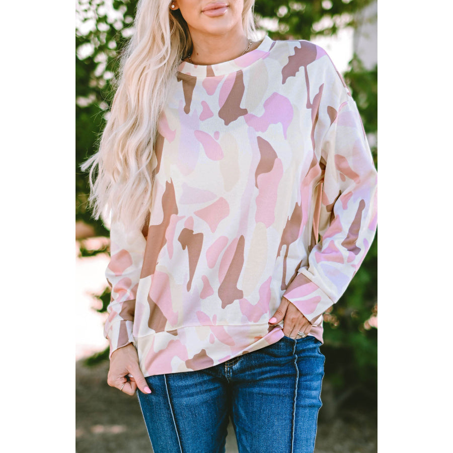 Printed Round Neck Dropped Shoulder Sweatshirt Blush Pink / S Apparel and Accessories
