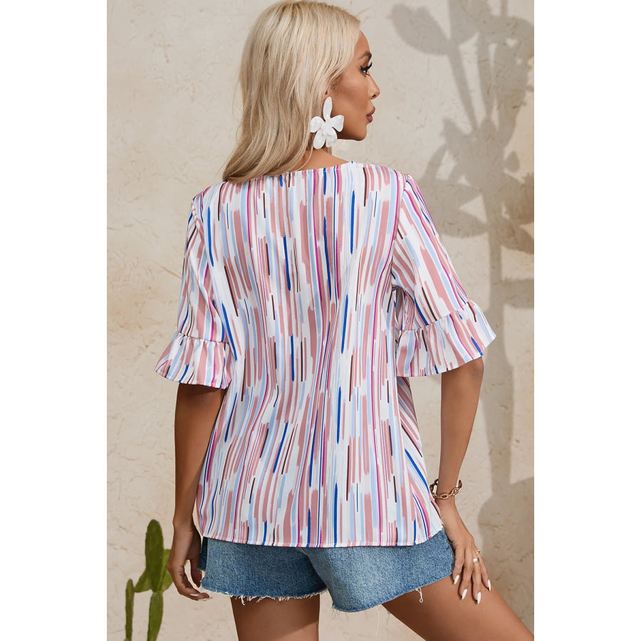 Printed Round Neck Flounce Sleeve Blouse Apparel and Accessories