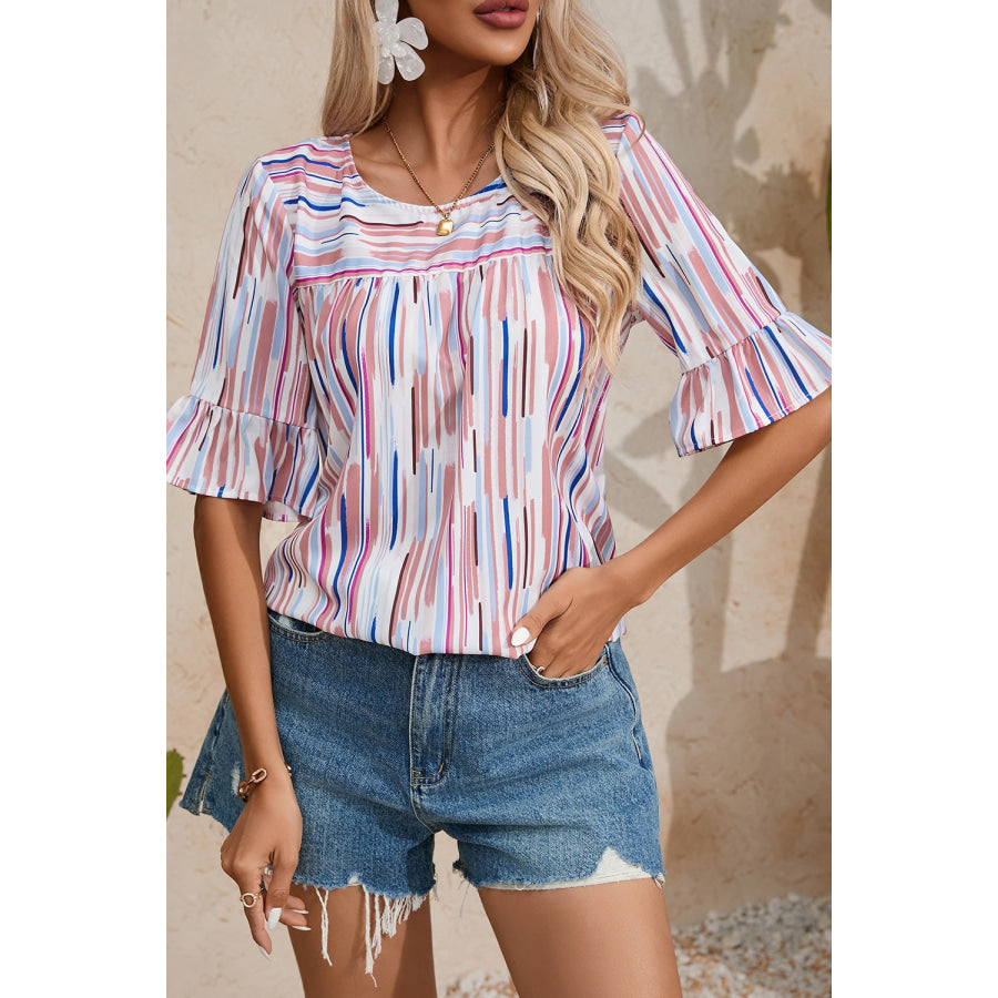 Printed Round Neck Flounce Sleeve Blouse Apparel and Accessories