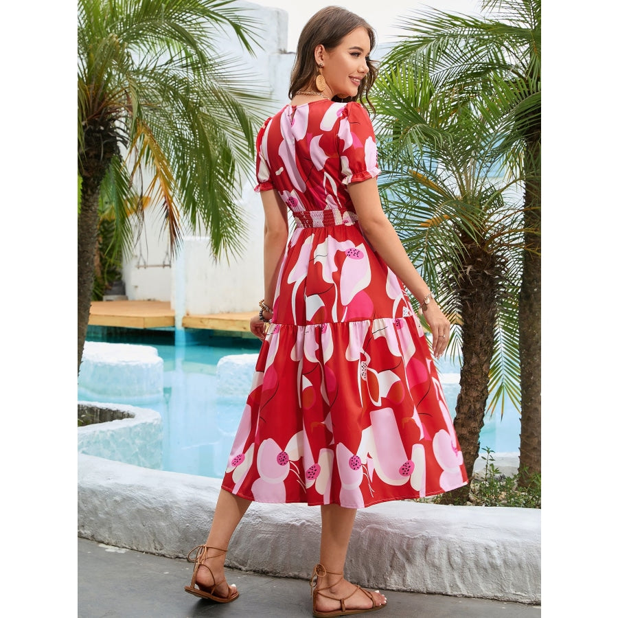 Printed Round Neck Flounce Sleeve Midi Dress