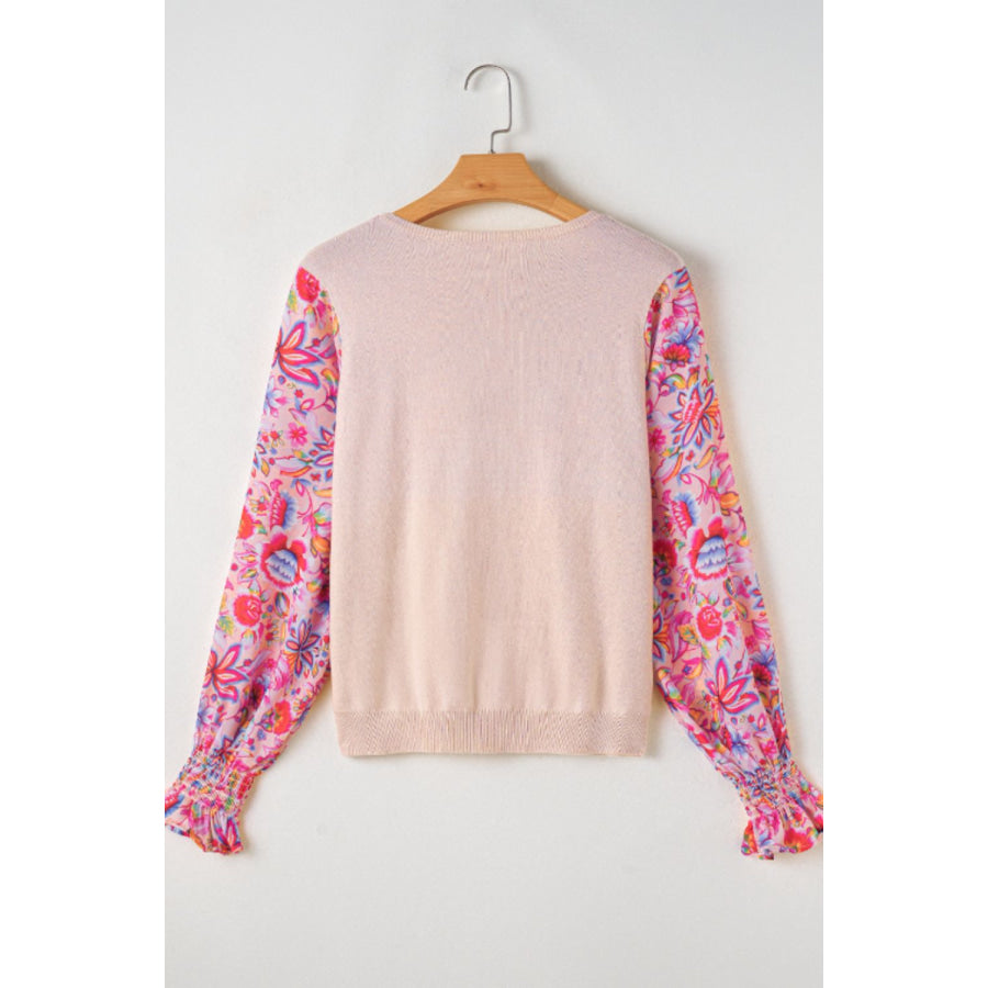 Printed Round Neck Flounce Sleeve Sweater Apparel and Accessories