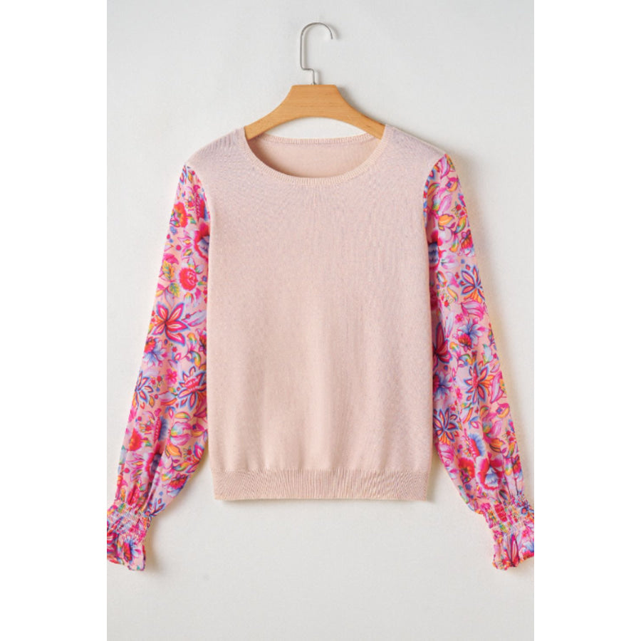 Printed Round Neck Flounce Sleeve Sweater Apparel and Accessories