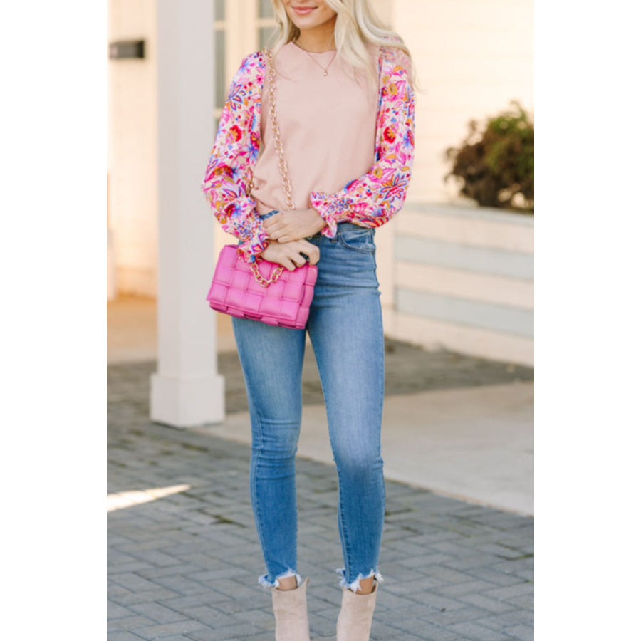 Printed Round Neck Flounce Sleeve Sweater Apparel and Accessories