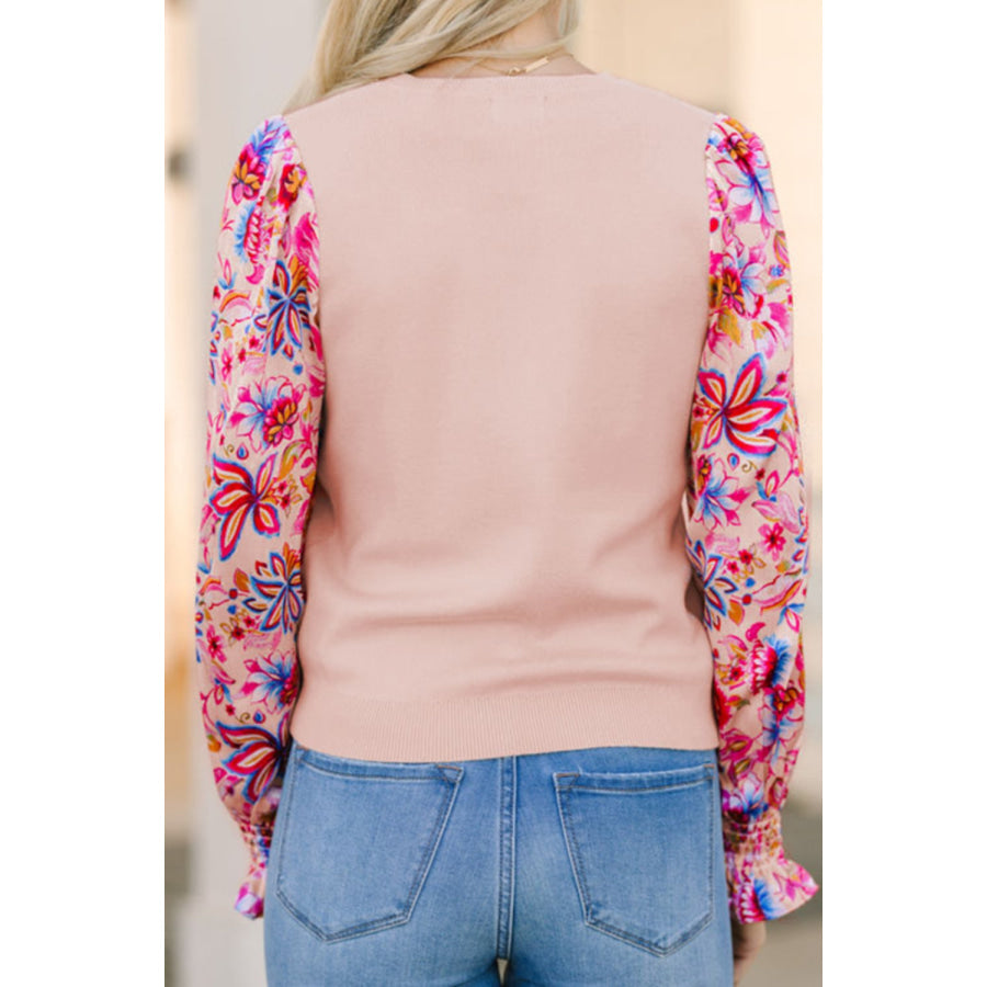 Printed Round Neck Flounce Sleeve Sweater Apparel and Accessories