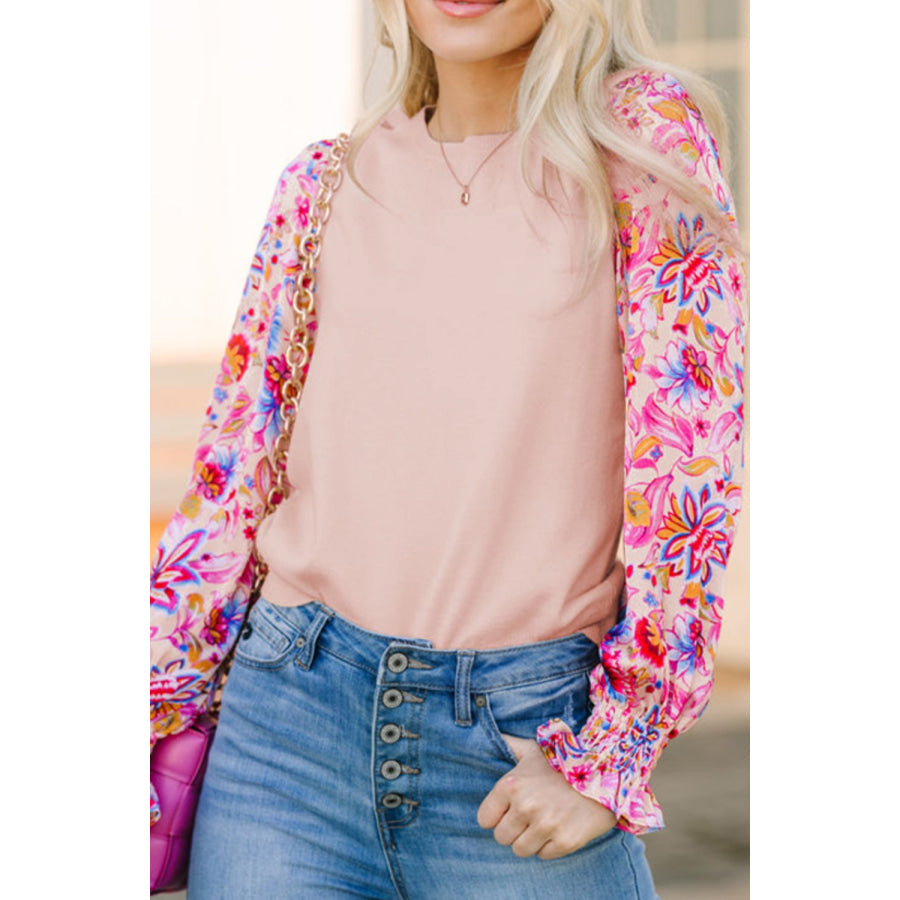 Printed Round Neck Flounce Sleeve Sweater Blush Pink / S Apparel and Accessories