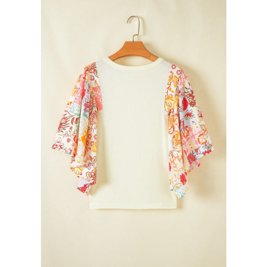 Printed Round Neck Flutter Sleeve Blouse Apparel and Accessories