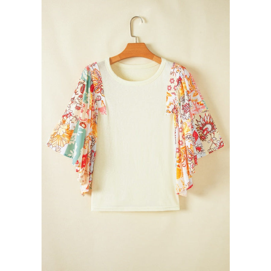 Printed Round Neck Flutter Sleeve Blouse Apparel and Accessories