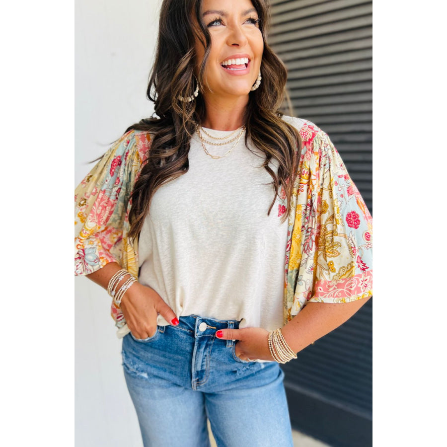 Printed Round Neck Flutter Sleeve Blouse Beige / S Apparel and Accessories