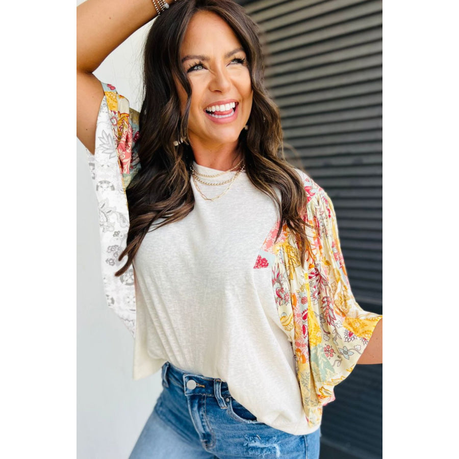Printed Round Neck Flutter Sleeve Blouse Apparel and Accessories