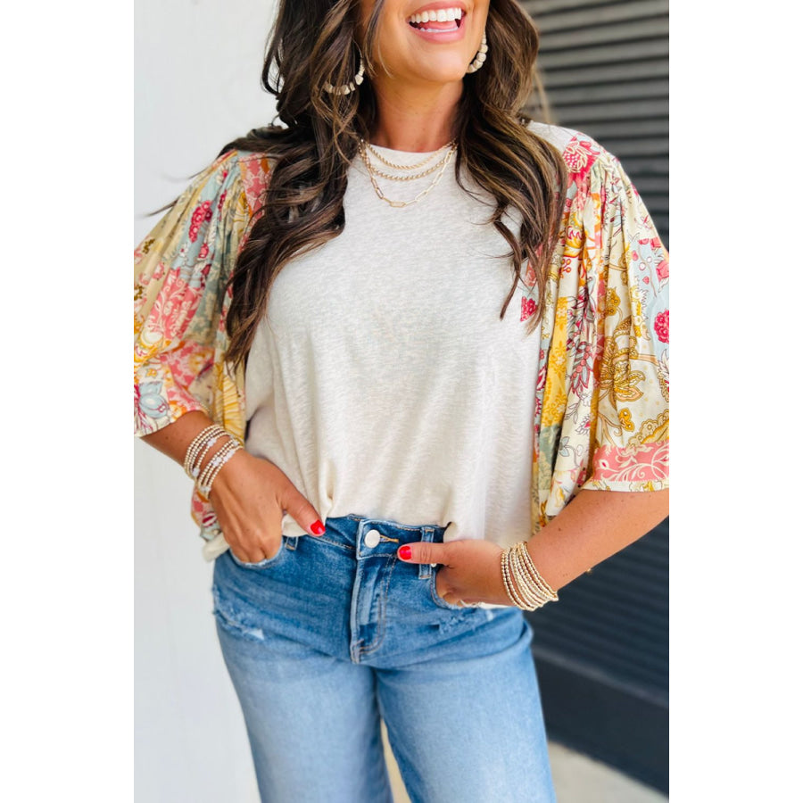 Printed Round Neck Flutter Sleeve Blouse Beige / S Apparel and Accessories