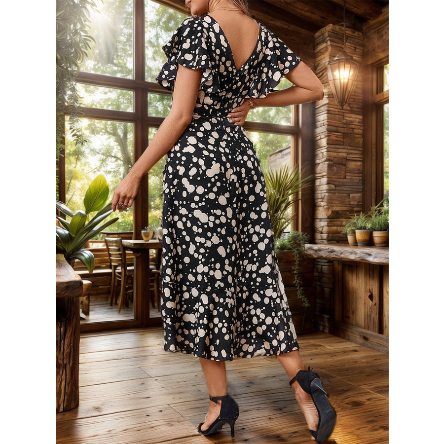 Printed Round Neck Flutter Sleeve Midi Dress Black / S Apparel and Accessories