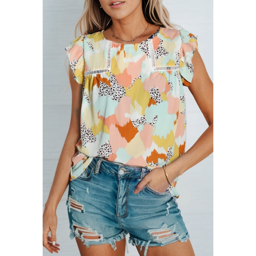 Printed Round Neck Flutter Sleeve Top Straw / S