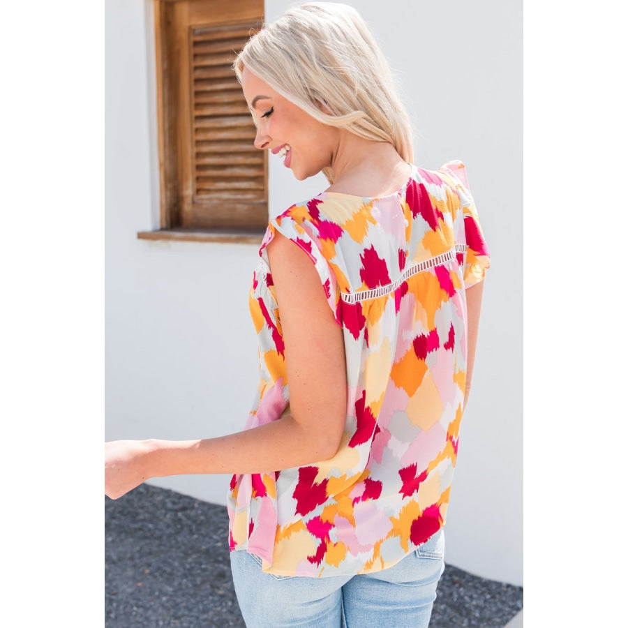 Printed Round Neck Flutter Sleeve Top