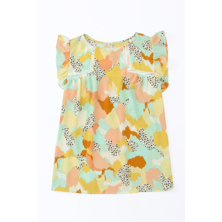 Printed Round Neck Flutter Sleeve Top