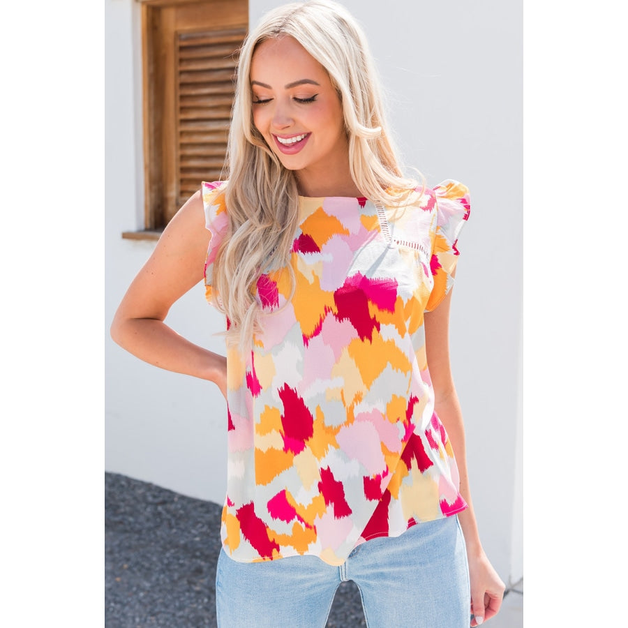 Printed Round Neck Flutter Sleeve Top