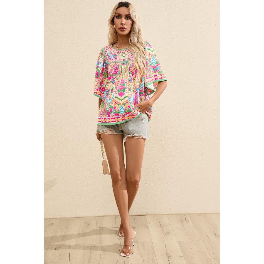 Printed Round Neck Half Sleeve Blouse Apparel and Accessories