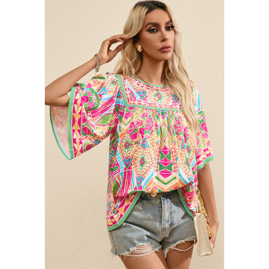 Printed Round Neck Half Sleeve Blouse Apparel and Accessories