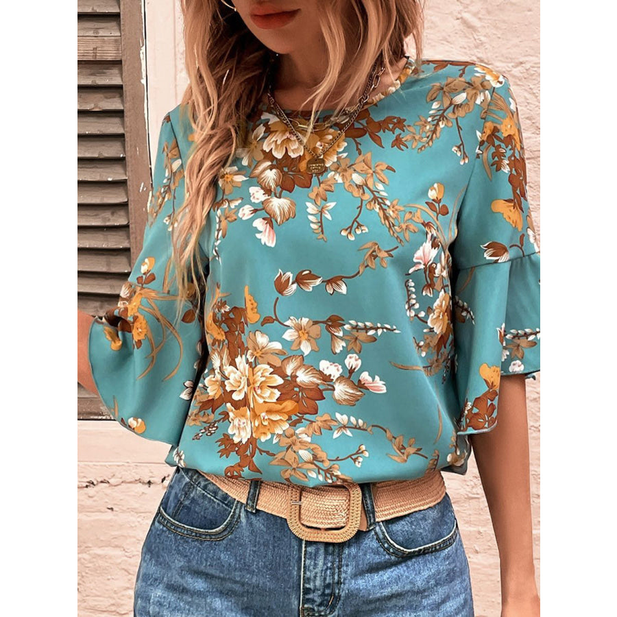 Printed Round Neck Half Sleeve Blouse Turquoise / S Apparel and Accessories