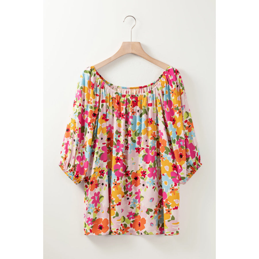 Printed Round Neck Half Sleeve Blouse Multicolor / S Apparel and Accessories