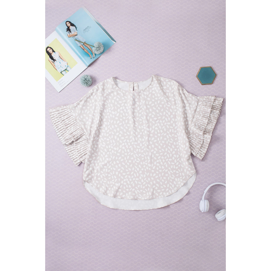 Printed Round Neck Half Sleeve Blouse Beige / S Apparel and Accessories