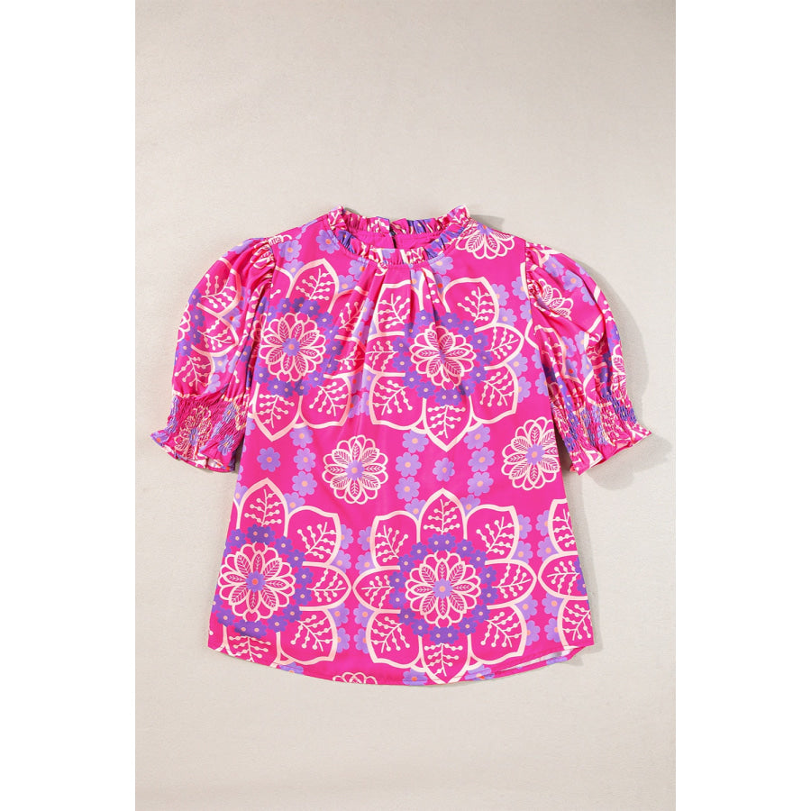 Printed Round Neck Half Sleeve Blouse Hot Pink / S Apparel and Accessories