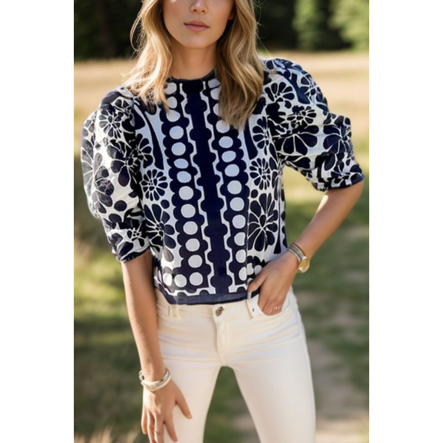 Printed Round Neck Half Sleeve Blouse Black / S Apparel and Accessories