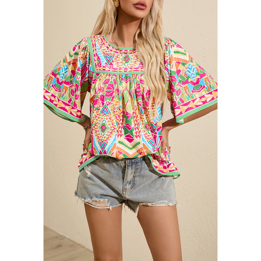 Printed Round Neck Half Sleeve Blouse Hot Pink / S Apparel and Accessories