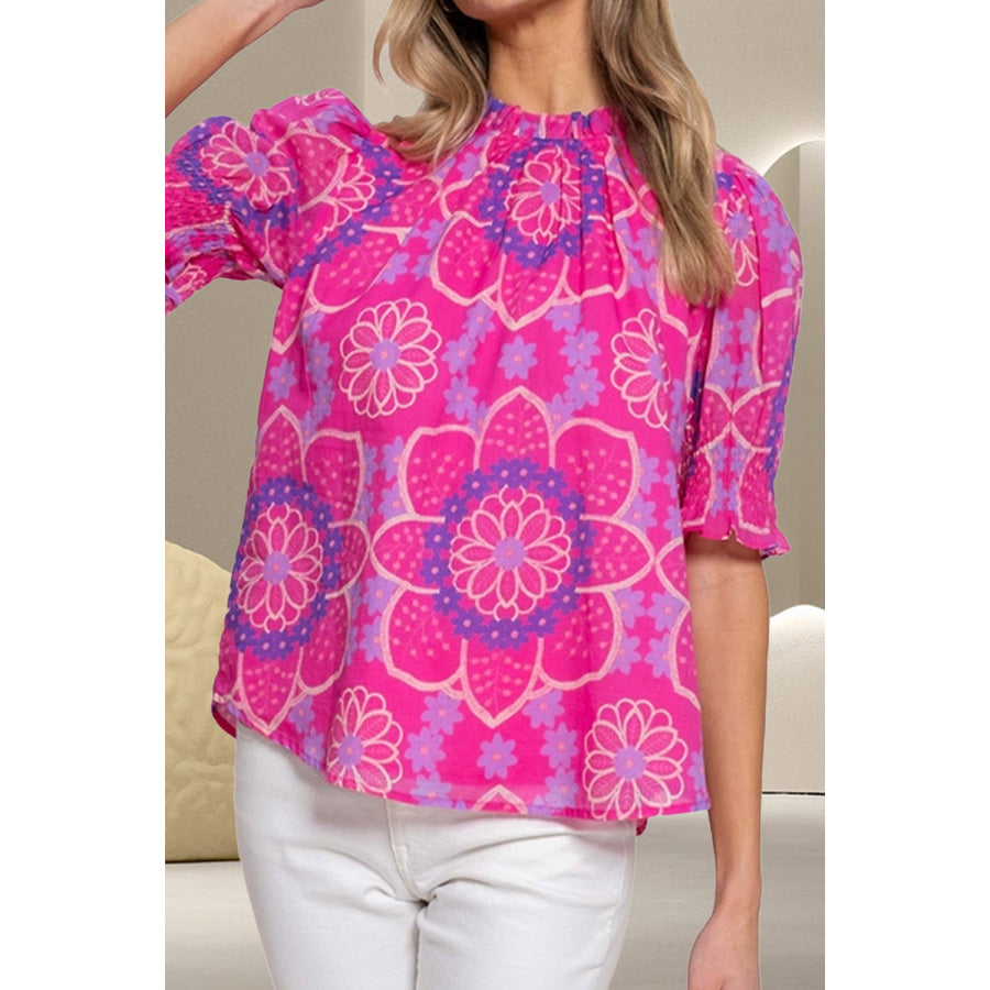 Printed Round Neck Half Sleeve Blouse Hot Pink / S Apparel and Accessories