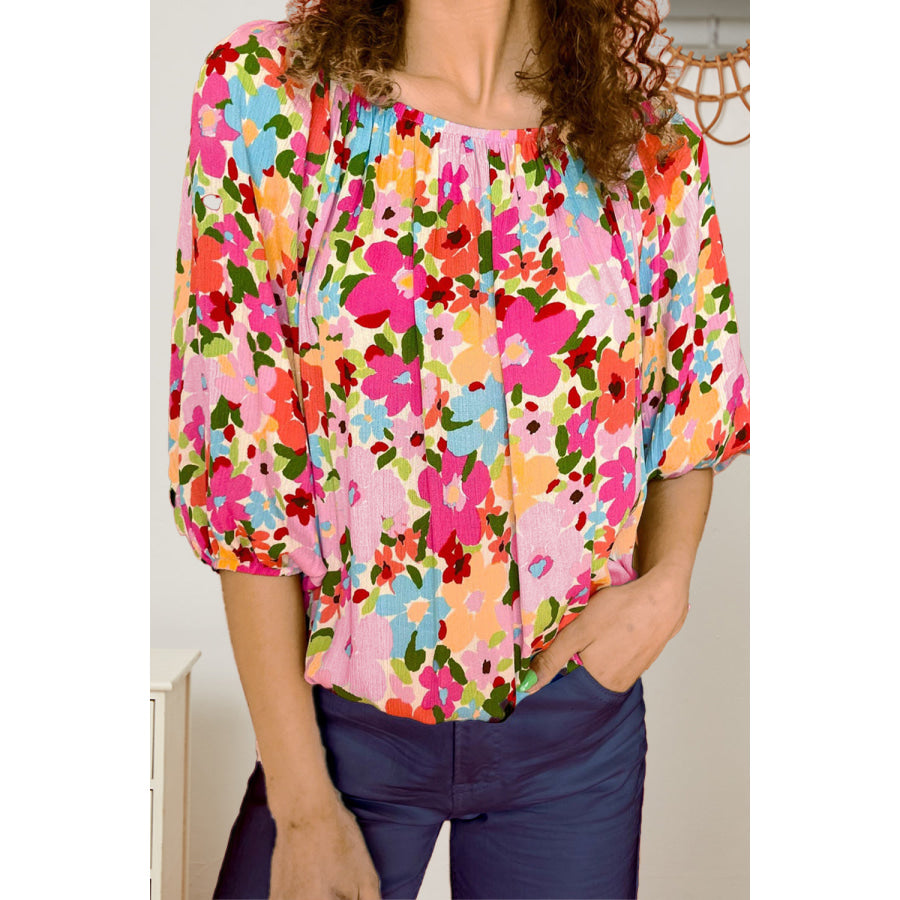 Printed Round Neck Half Sleeve Blouse Multicolor / S Apparel and Accessories