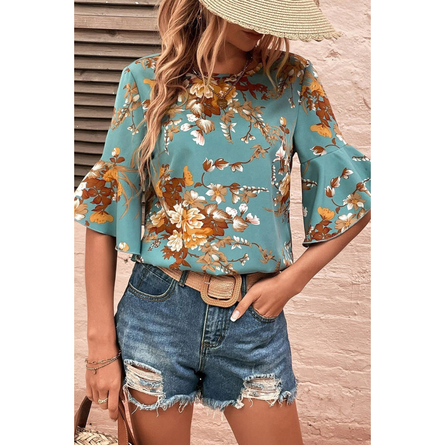 Printed Round Neck Half Sleeve Blouse Teal / S Apparel and Accessories