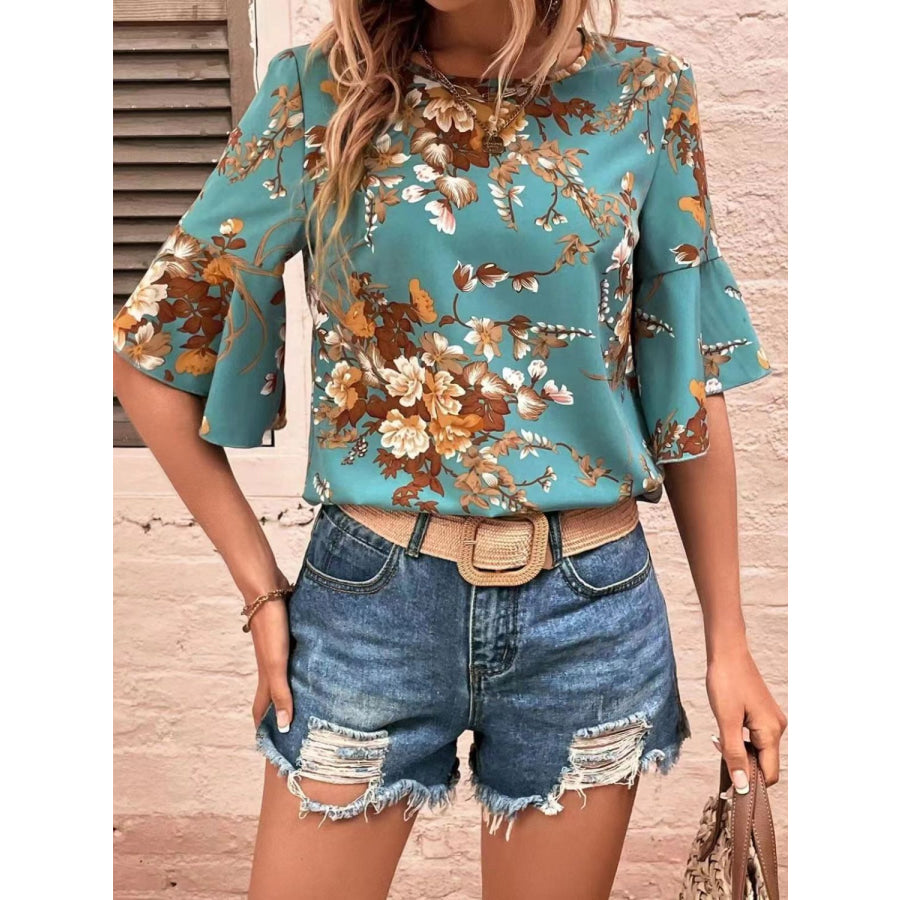 Printed Round Neck Half Sleeve Blouse Turquoise / S Apparel and Accessories