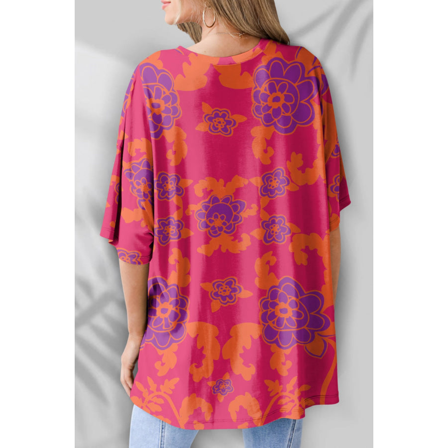 Printed Round Neck Half Sleeve T - Shirt Deep Rose / S Apparel and Accessories