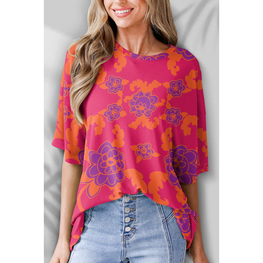 Printed Round Neck Half Sleeve T - Shirt Deep Rose / S Apparel and Accessories