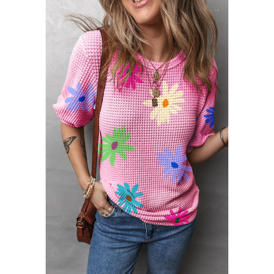 Printed Round Neck Half Sleeve T-Shirt Dusty Pink / S Apparel and Accessories