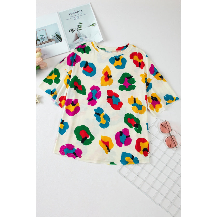 Printed Round Neck Half Sleeve Top Cream / S Apparel and Accessories