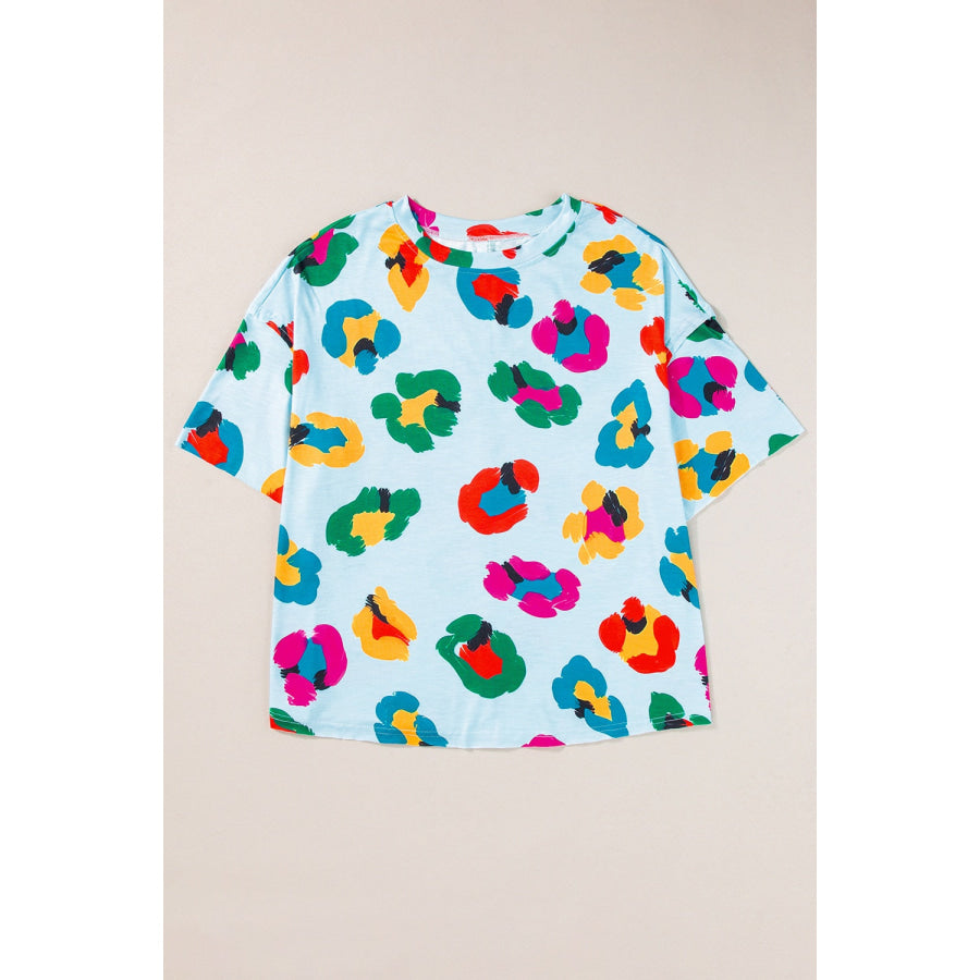 Printed Round Neck Half Sleeve Top Light Blue / S Apparel and Accessories