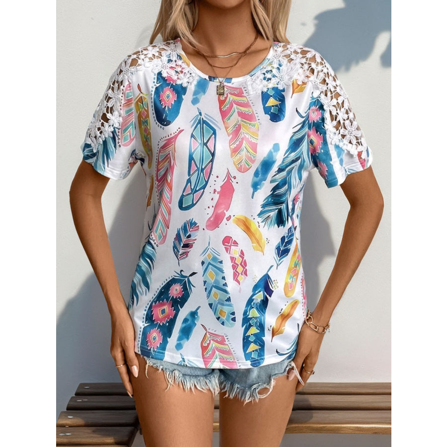 Printed Round Neck Lace Short Sleeve Top Apparel and Accessories