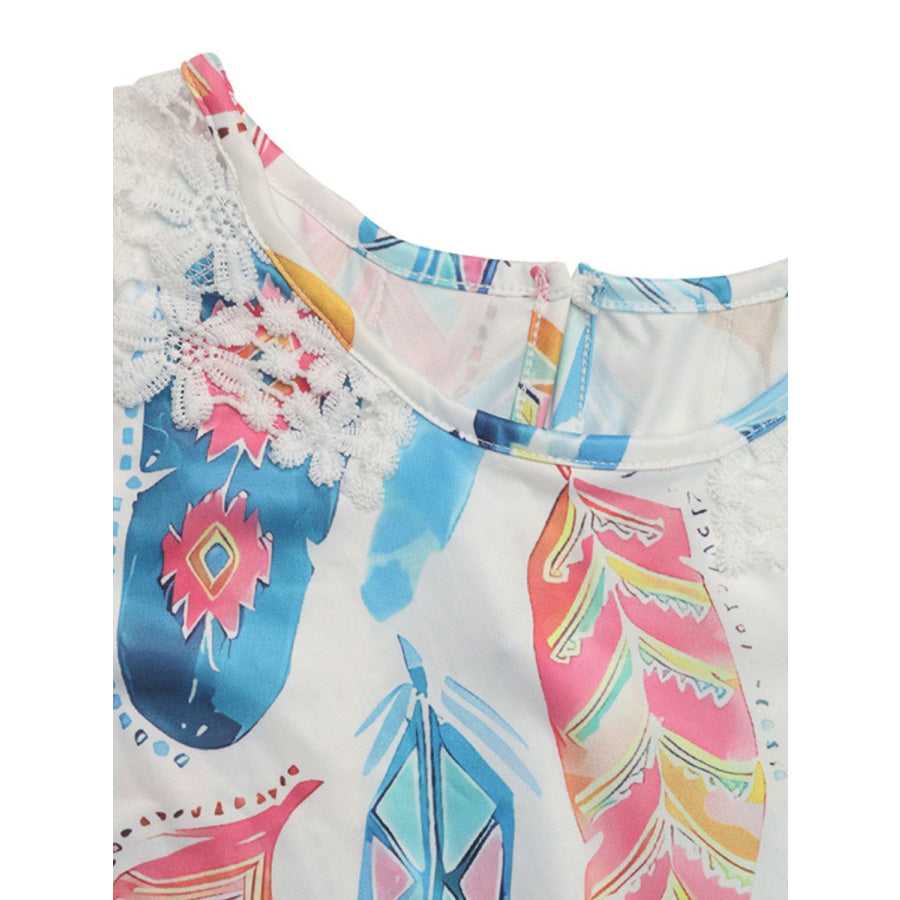 Printed Round Neck Lace Short Sleeve Top Apparel and Accessories