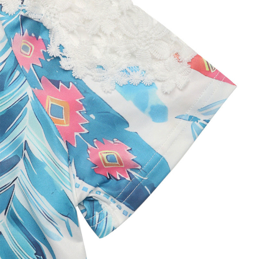 Printed Round Neck Lace Short Sleeve Top Apparel and Accessories