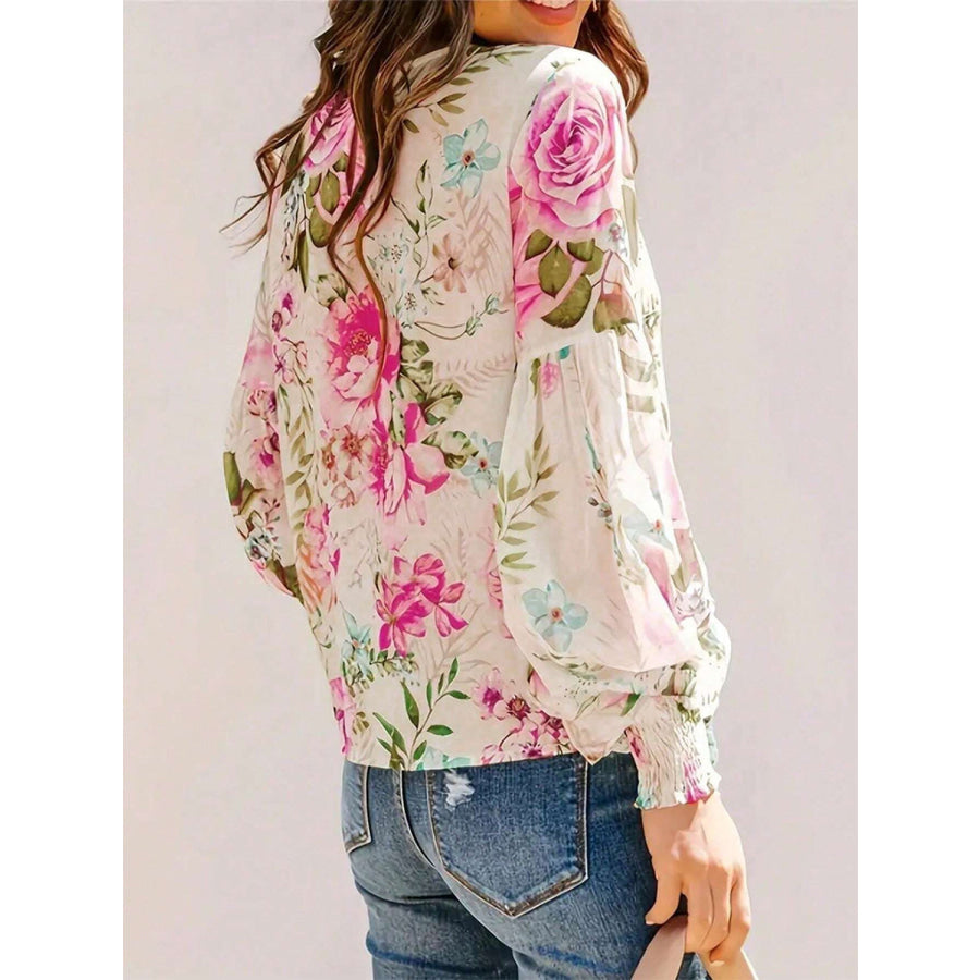 Printed Round Neck Lantern Sleeve Blouse Hot Pink / S Apparel and Accessories