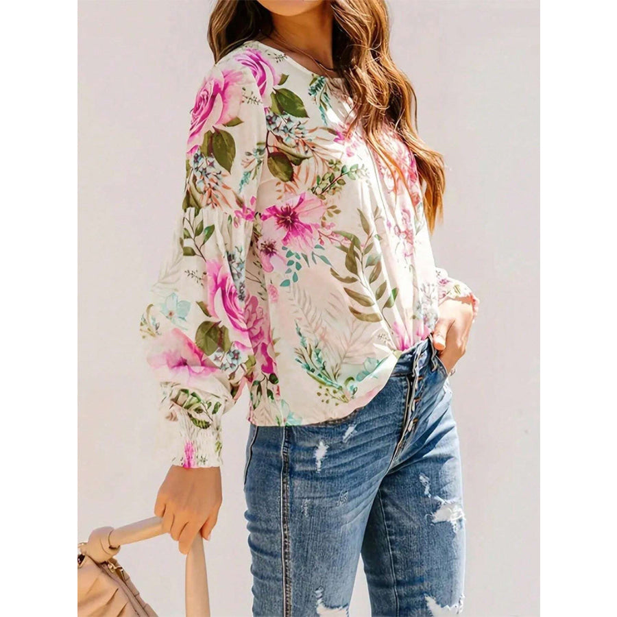 Printed Round Neck Lantern Sleeve Blouse Apparel and Accessories