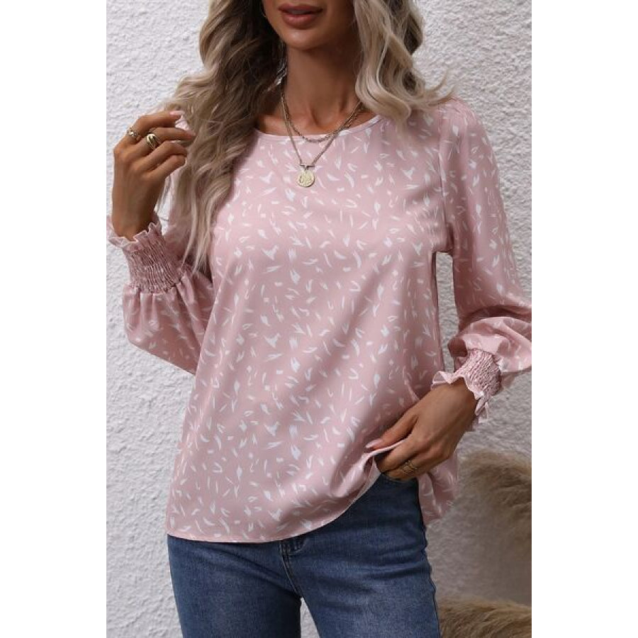 Printed Round Neck Lantern Sleeve Blouse Apparel and Accessories