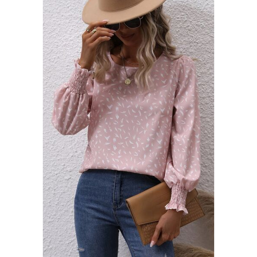 Printed Round Neck Lantern Sleeve Blouse Apparel and Accessories