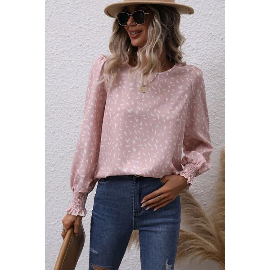 Printed Round Neck Lantern Sleeve Blouse Blush Pink / S Apparel and Accessories