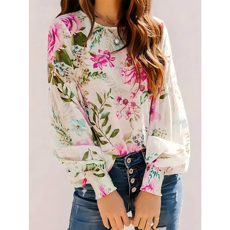 Printed Round Neck Lantern Sleeve Blouse Hot Pink / S Apparel and Accessories